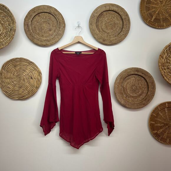 Vintage Y2K 2000s Express Red Silk Fairy Asymmetrical Long Sleeve Blouse 3/4 - Picture 2 of 6